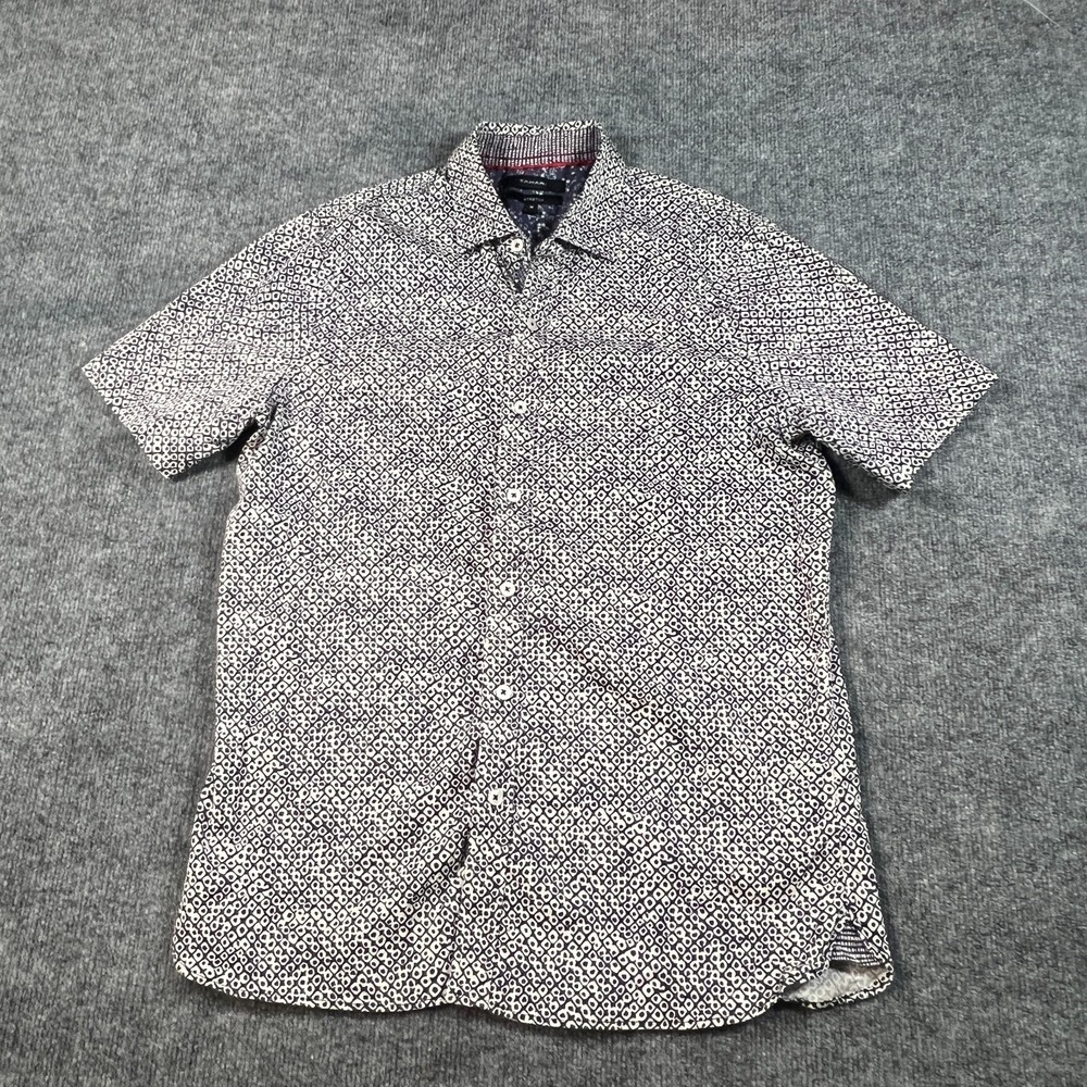 Tahari Shirt Mens Medium Blue White Geometric Cotton Stretch Summer Button Up